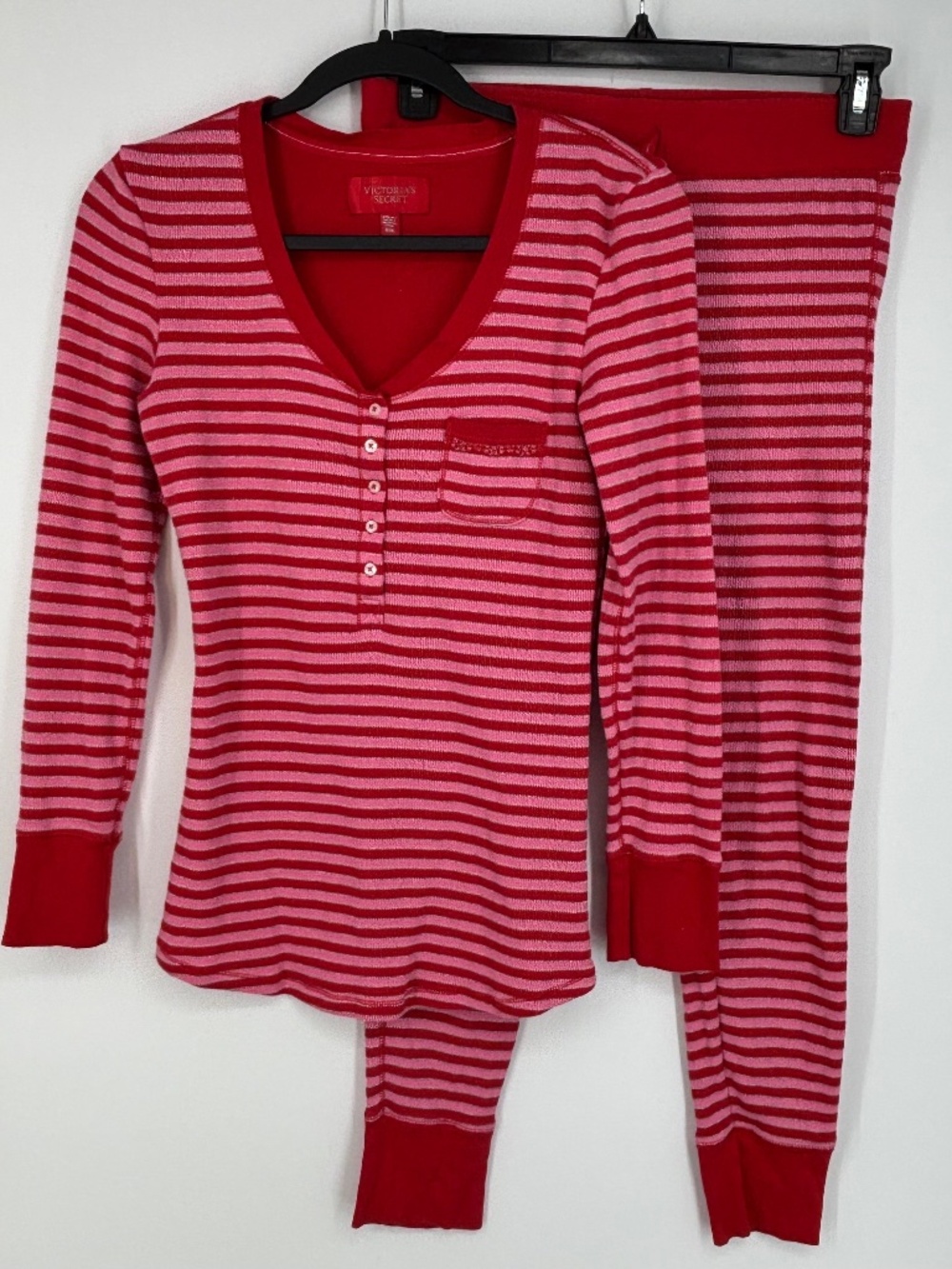 Victoria's Secret Womens Medium Pajamas Set Red Pink Silver Stripes Thermal Knit